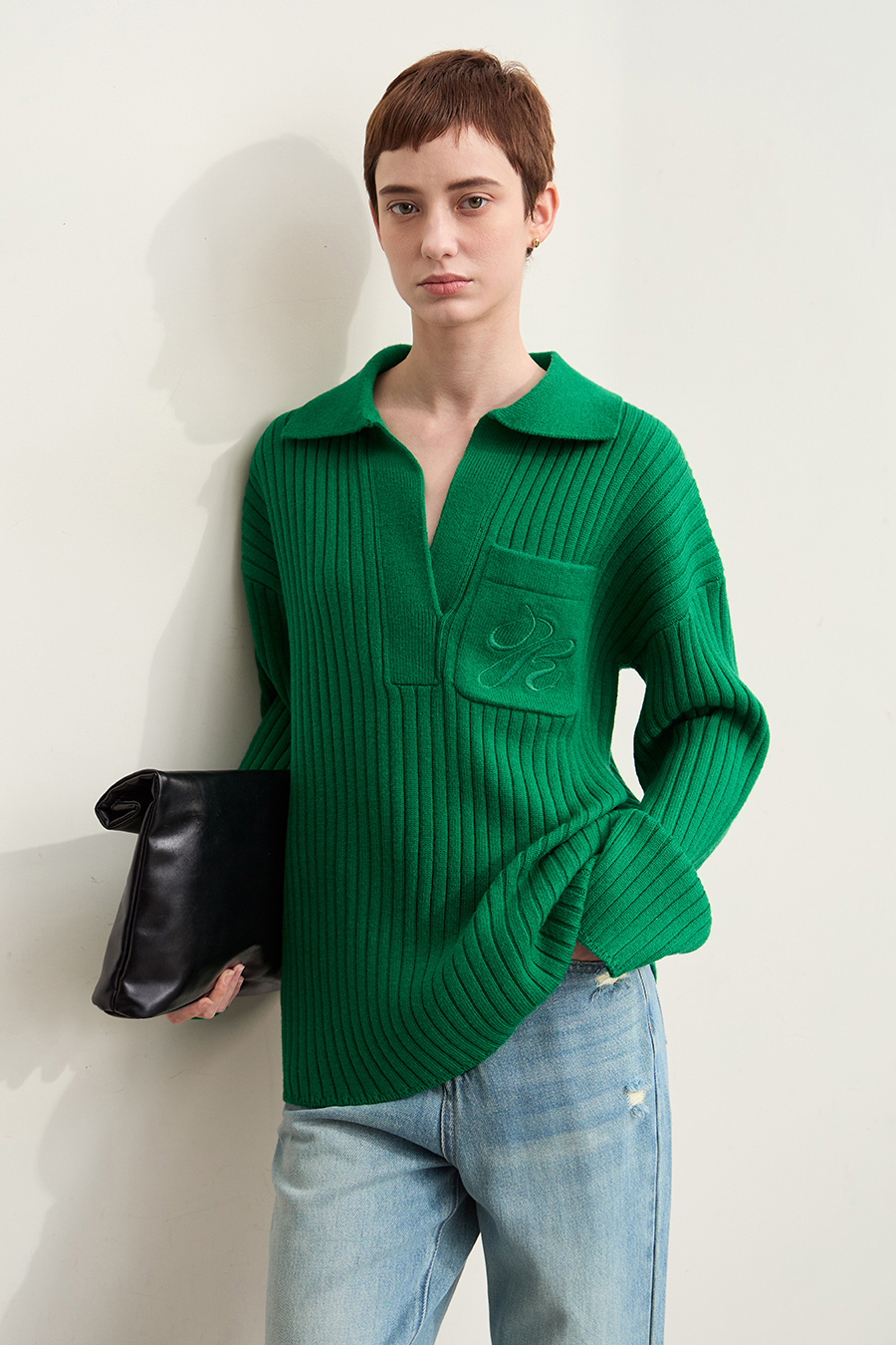 Lapel Embroidered Drop Shoulder Sweater|AMII-AMII.com