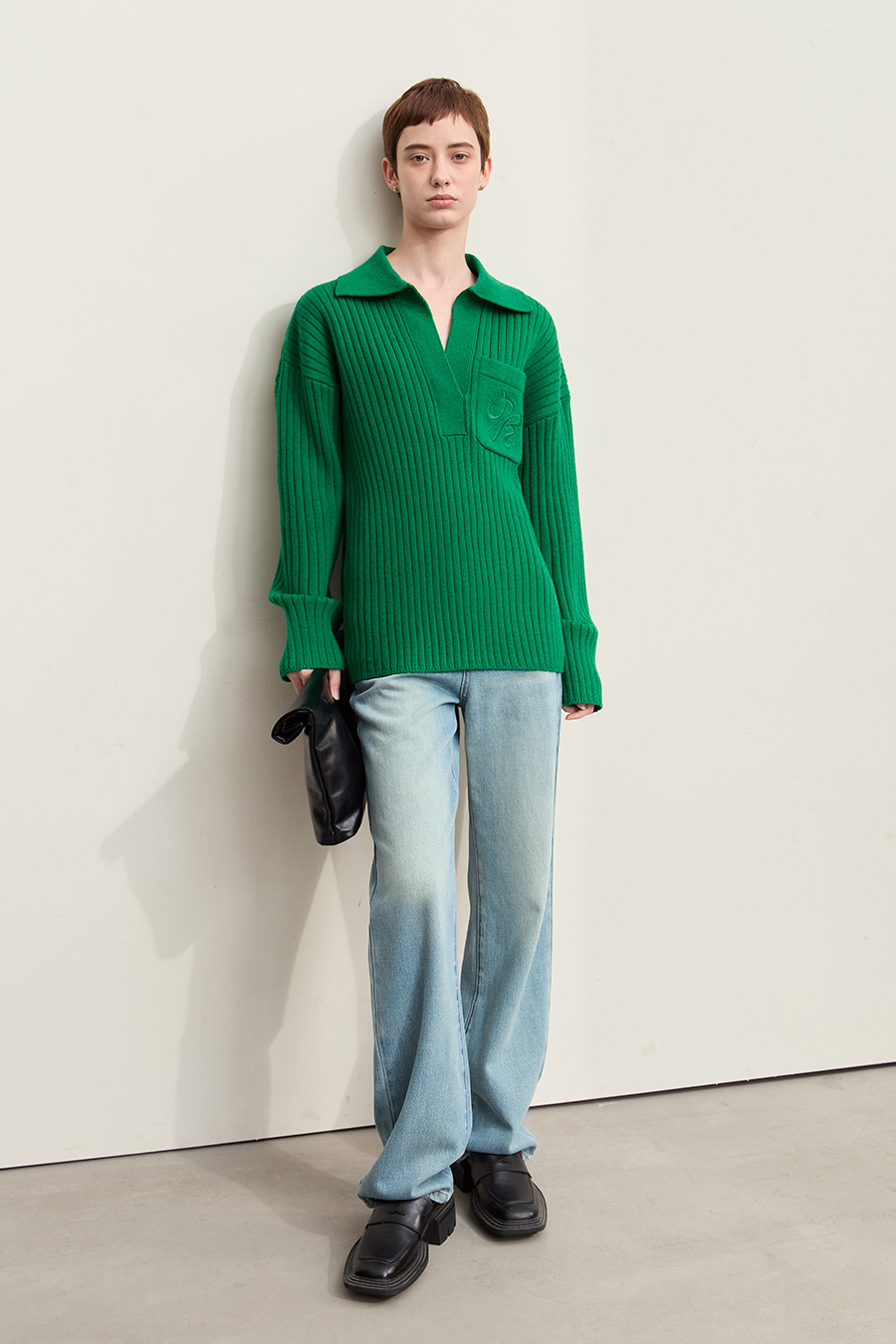 Lapel Embroidered Drop Shoulder Sweater|AMII-AMII.com