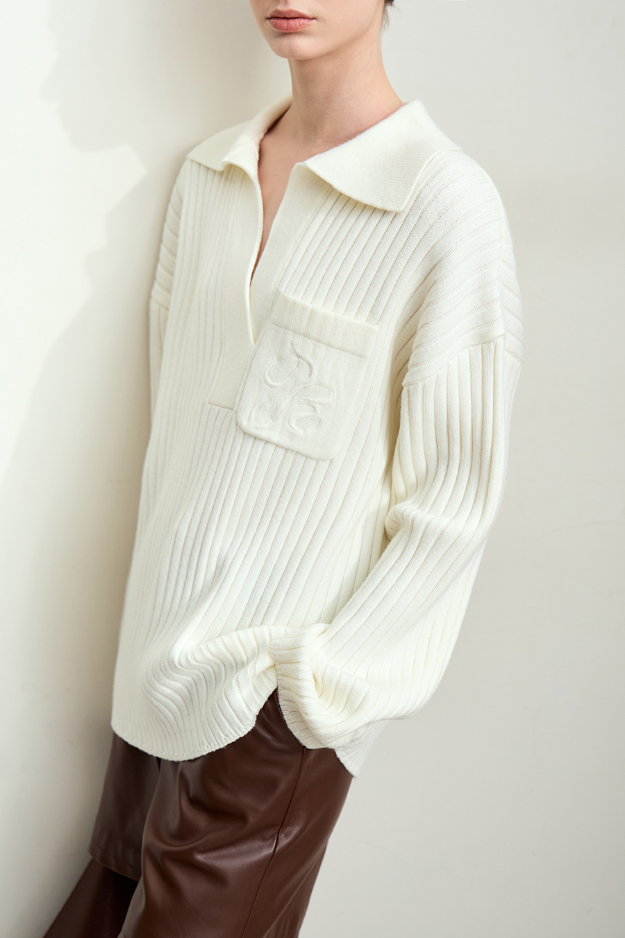 Lapel Embroidered Drop Shoulder Sweater|AMII-AMII.com