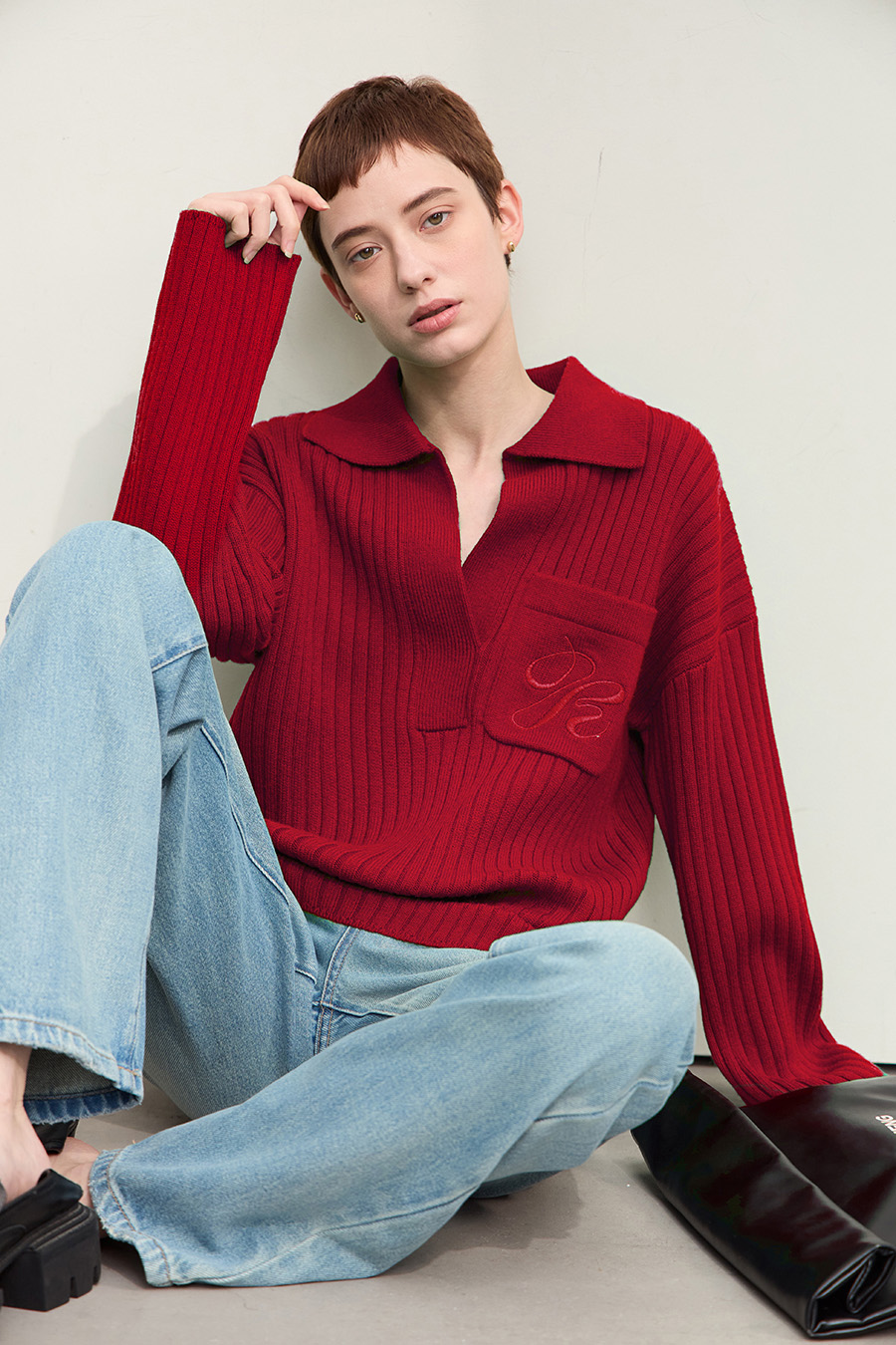 Lapel Embroidered Drop Shoulder Sweater|AMII-AMII.com