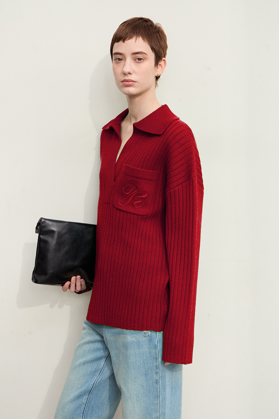 Lapel Embroidered Drop Shoulder Sweater|AMII-AMII.com