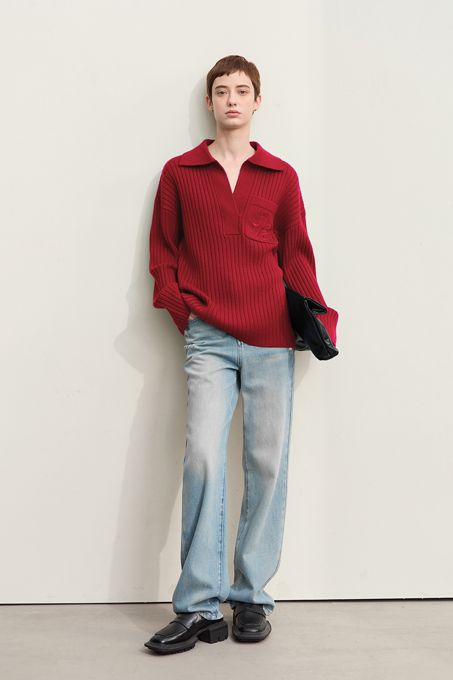 Lapel Embroidered Drop Shoulder Sweater|AMII-AMII.com