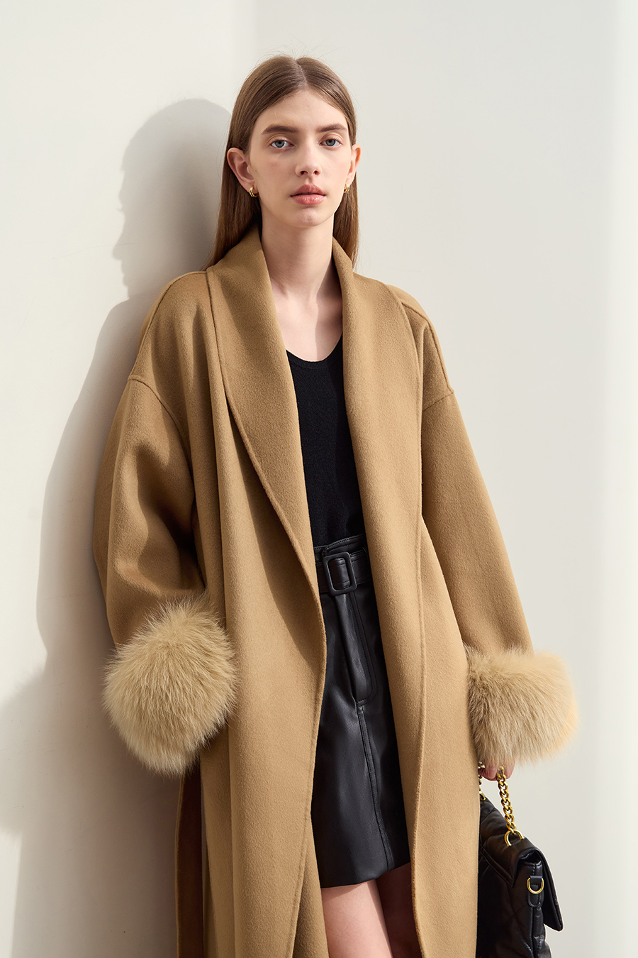 Fox Fur Cuff Trim Double-faced Wool Coat