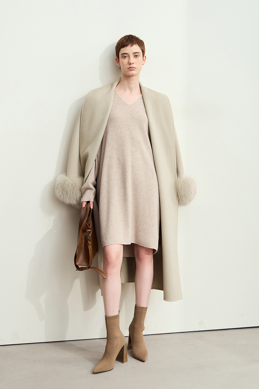 Fox Fur Cuff Trim Double-faced Wool Coat