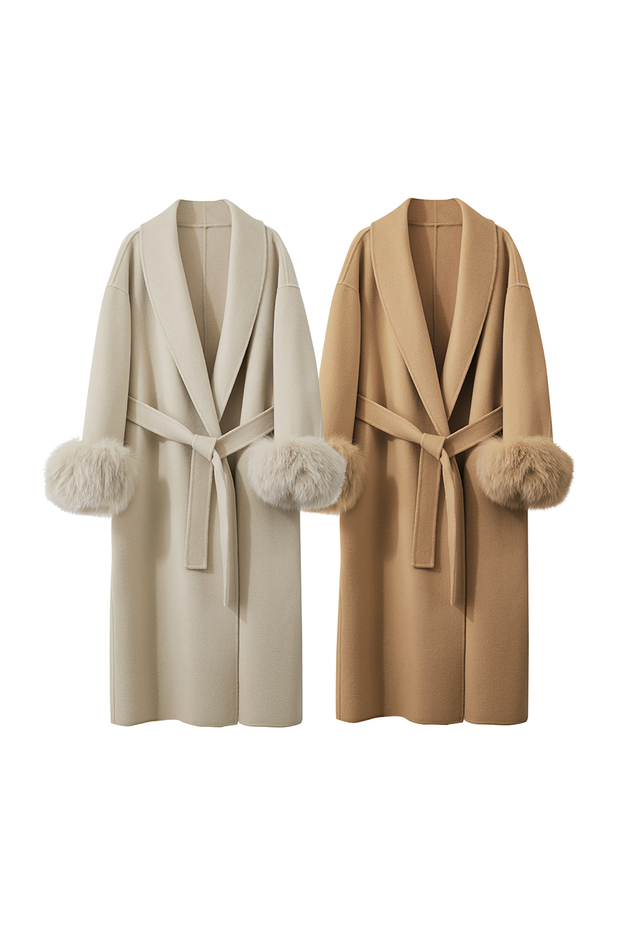 Fox Fur Cuff Trim Double-faced Wool Coat