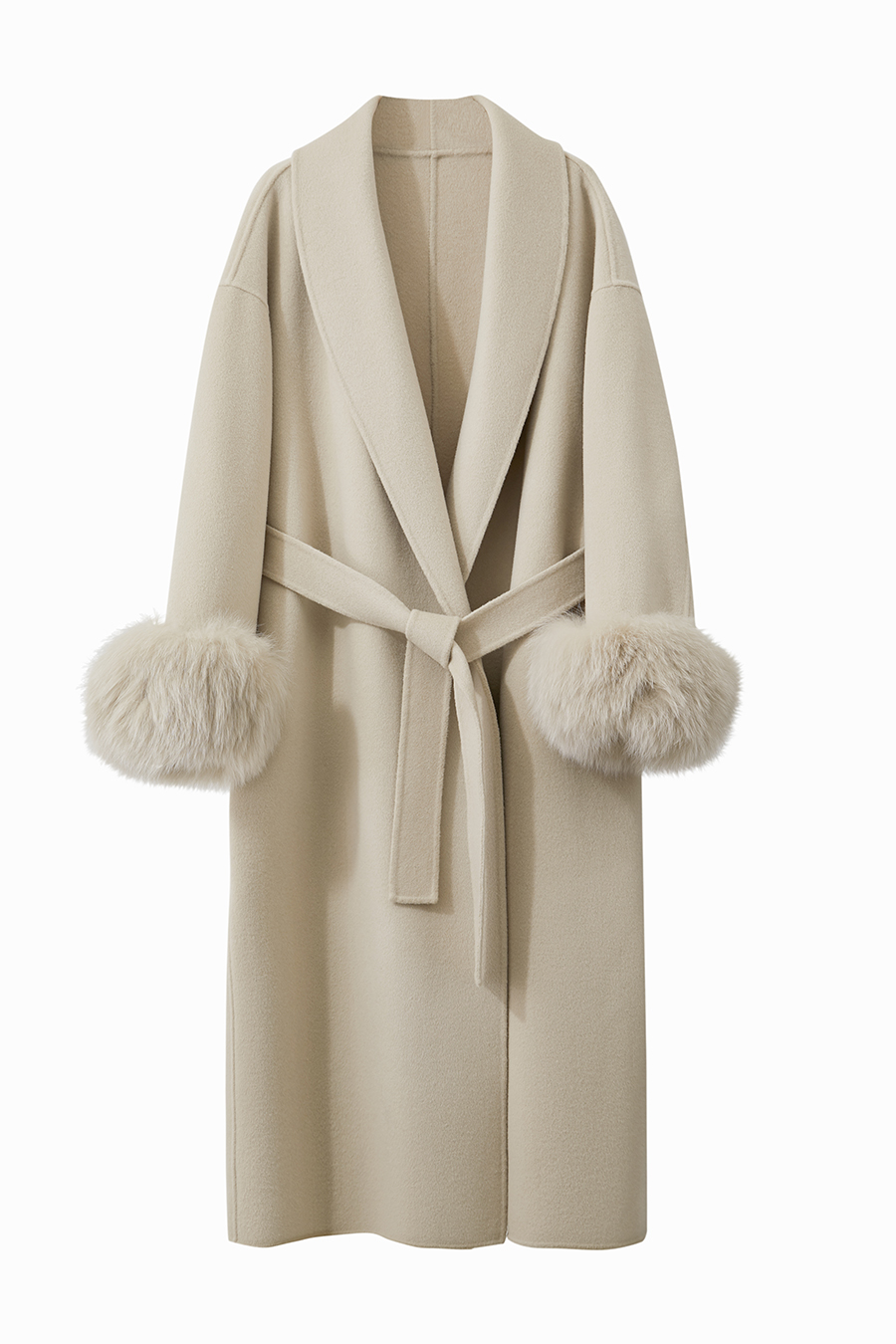 Fox Fur Cuff Trim Double-faced Wool Coat