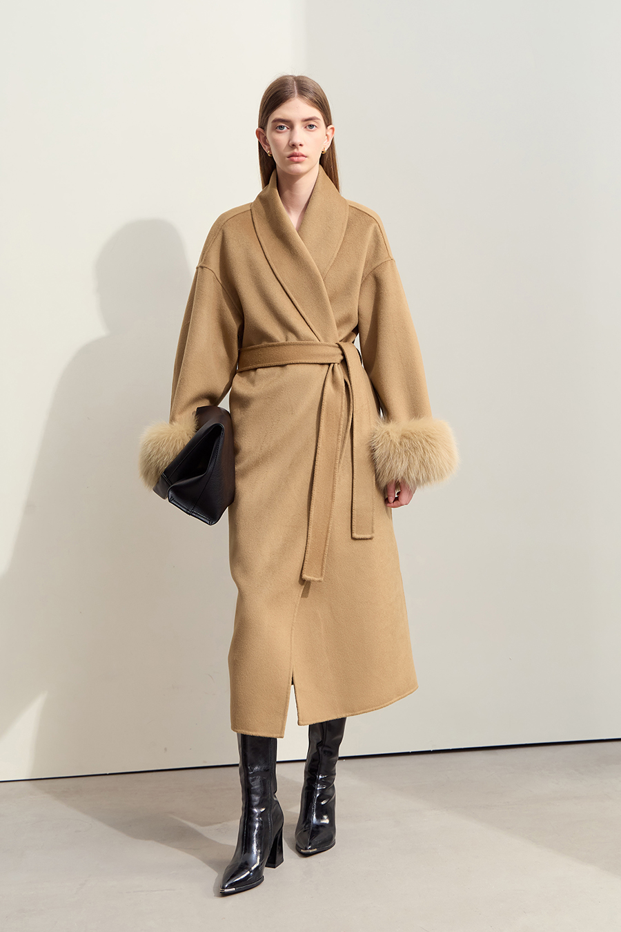 Fox Fur Cuff Trim Double-faced Wool Coat