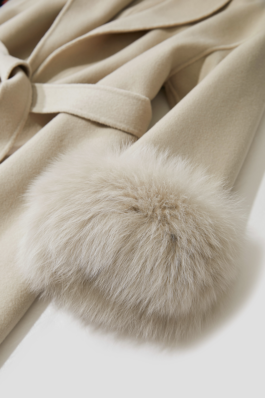 Fox Fur Cuff Trim Double-faced Wool Coat