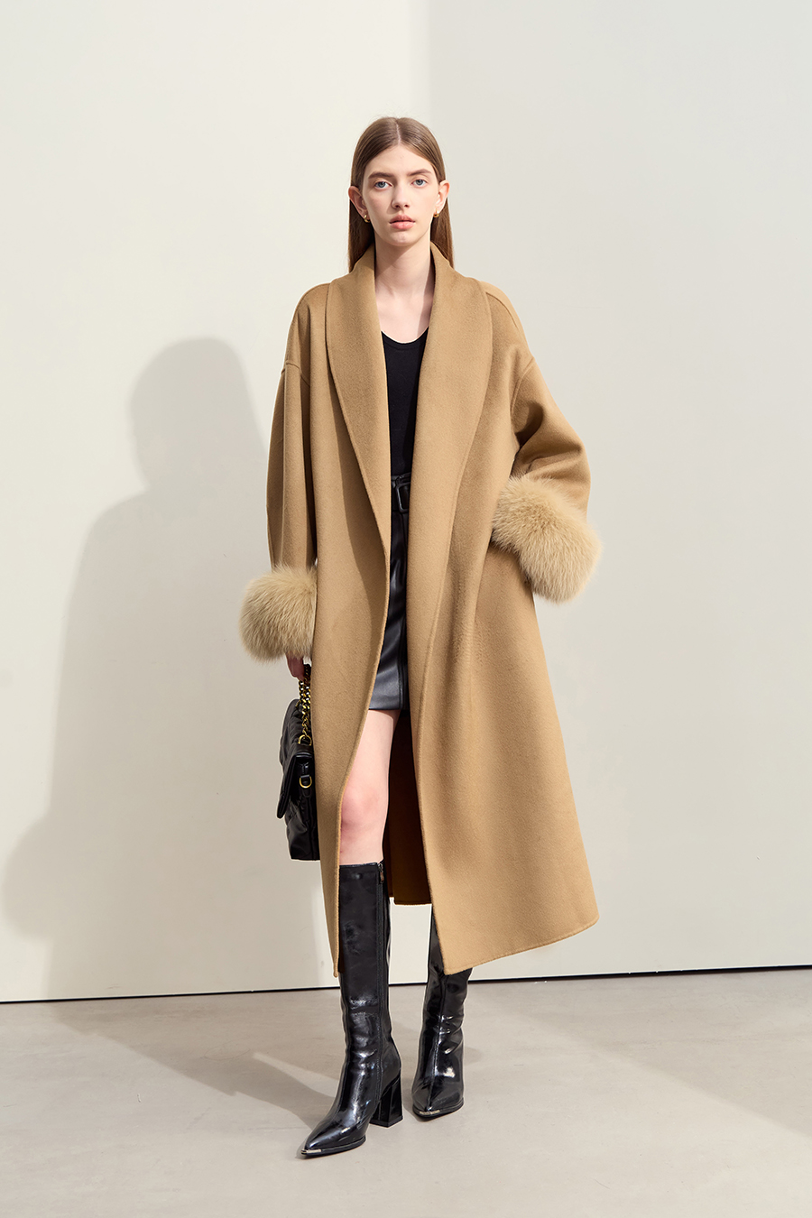 Fox Fur Cuff Trim Double-faced Wool Coat