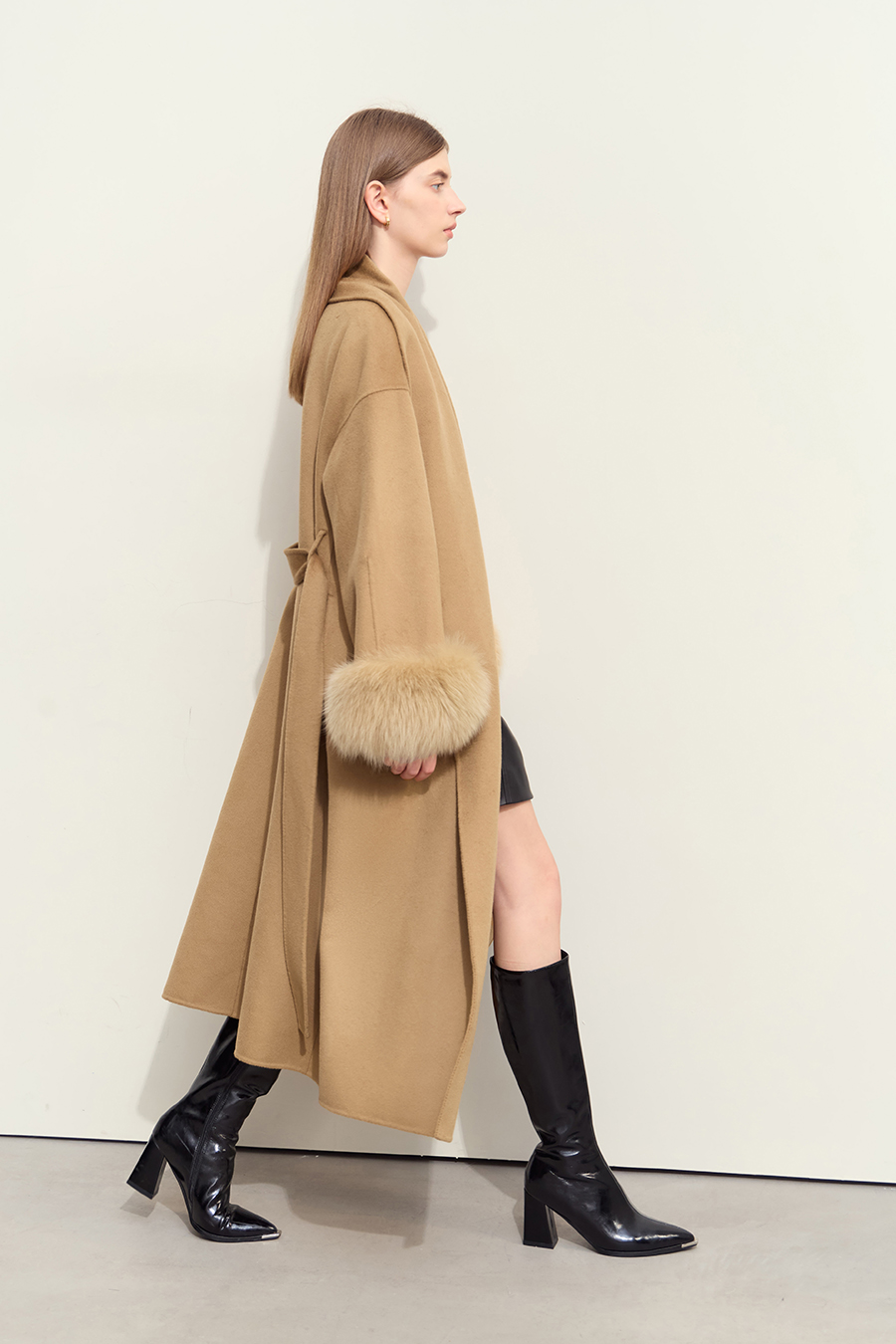 Fox Fur Cuff Trim Double-faced Wool Coat