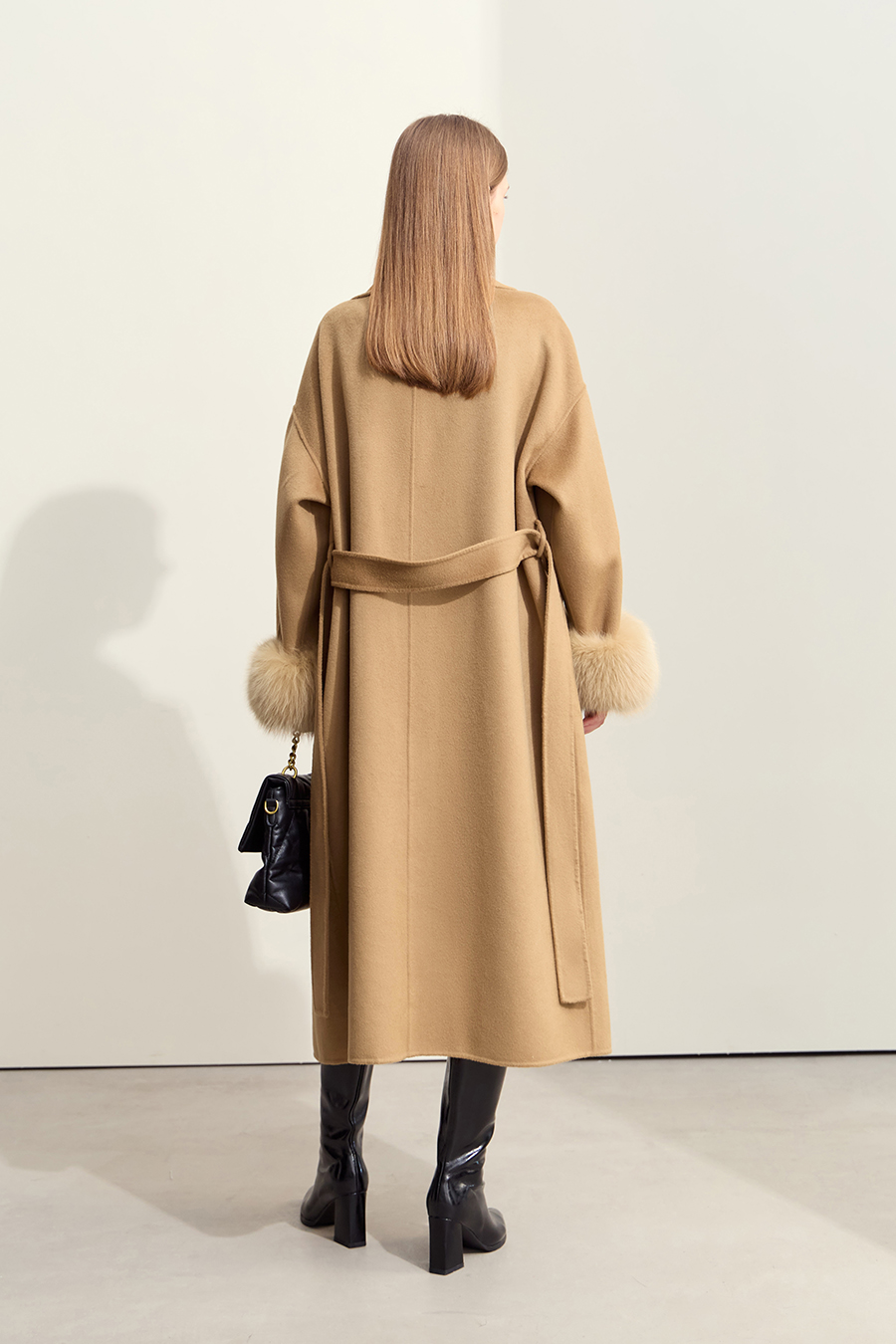 Fox Fur Cuff Trim Double-faced Wool Coat