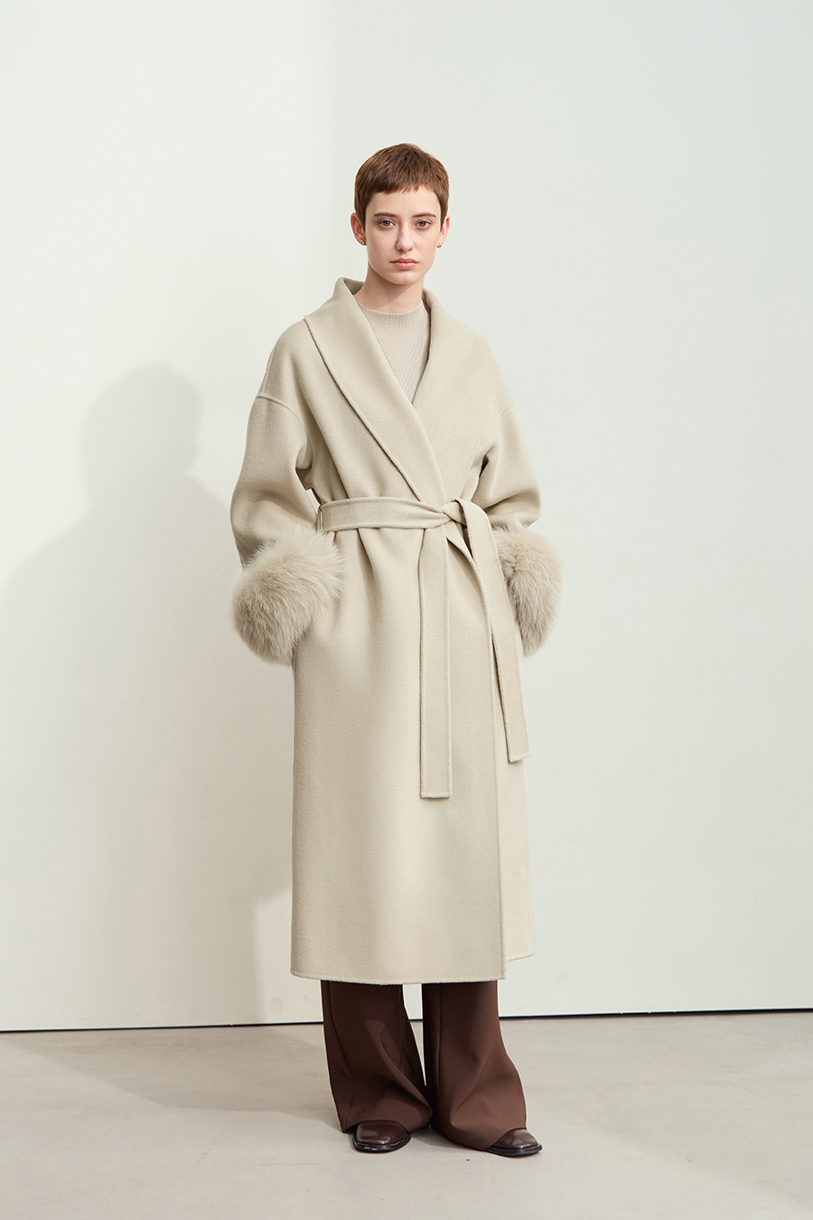 Fox Fur Cuff Trim Double-faced Wool Coat