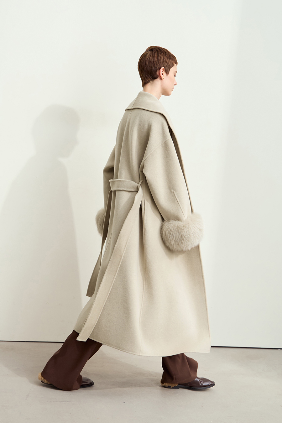 Fox Fur Cuff Trim Double-faced Wool Coat