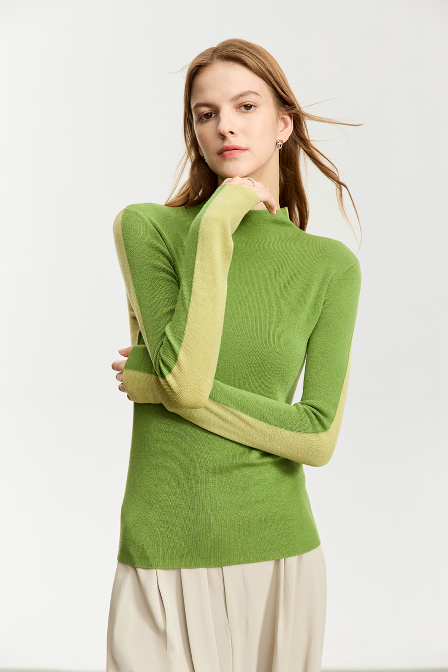 Mock Neck Contrast Color Reversible Knit Top