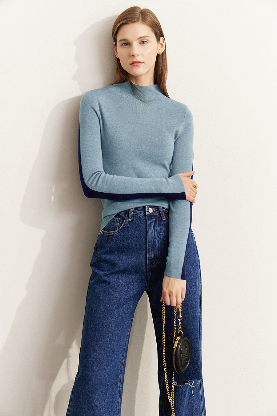 Mock Neck Contrast Color Reversible Knit Top