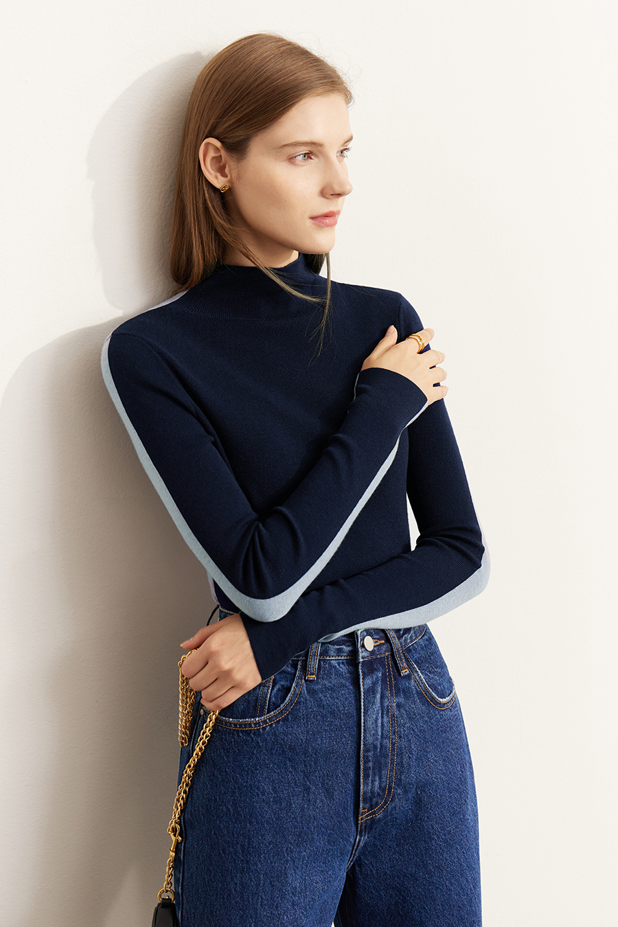 Mock Neck Contrast Color Reversible Knit Top