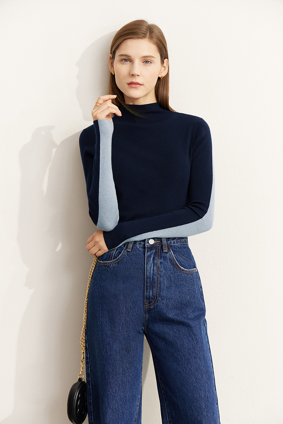 Mock Neck Contrast Color Reversible Knit Top