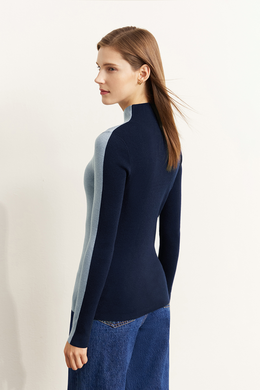 Mock Neck Contrast Color Reversible Knit Top