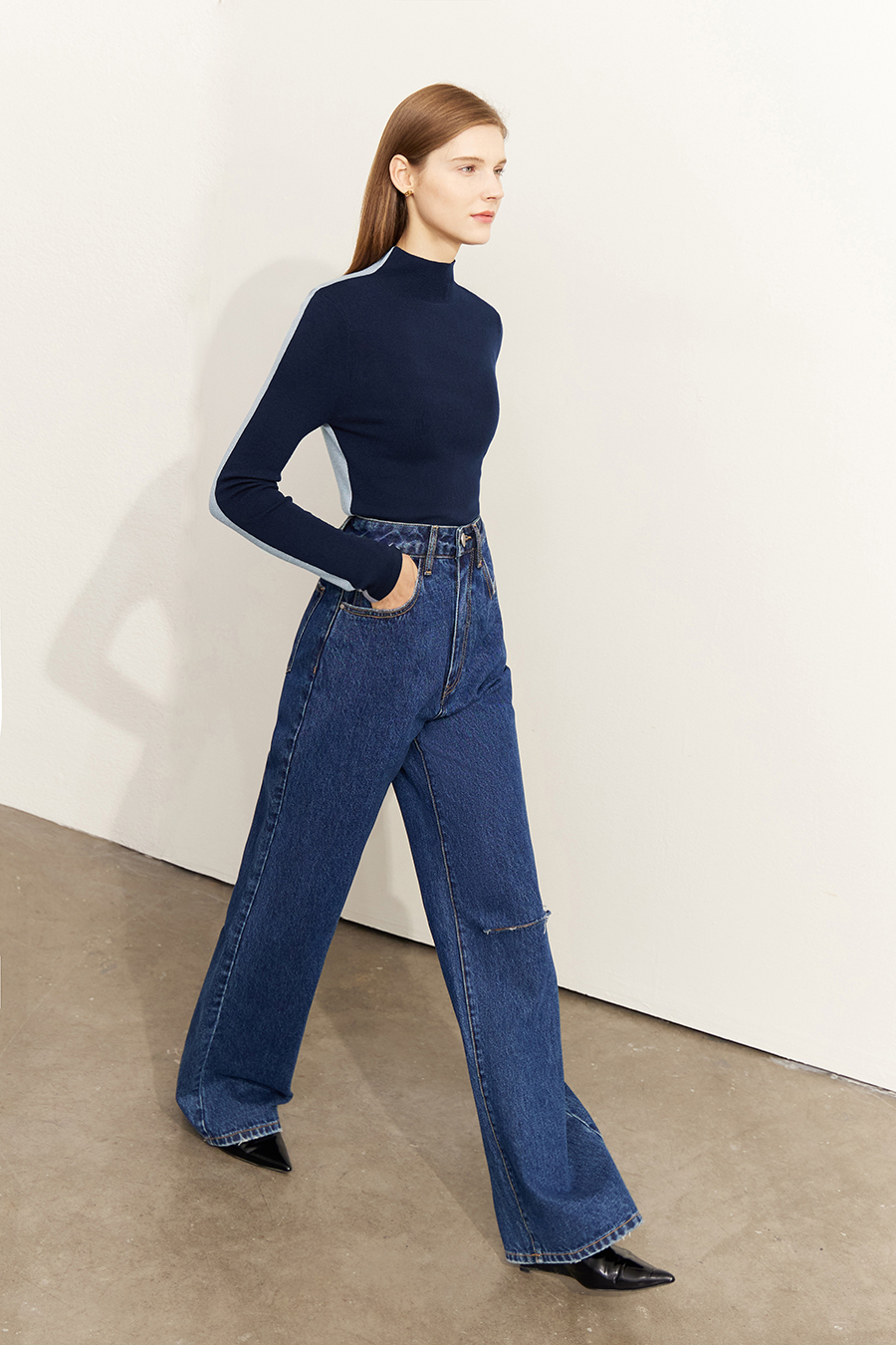 Mock Neck Contrast Color Reversible Knit Top