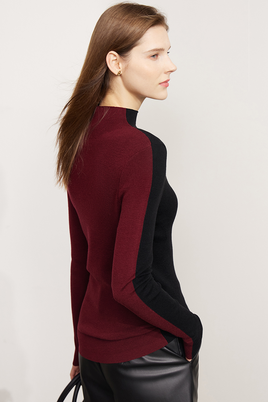 Mock Neck Contrast Color Reversible Knit Top