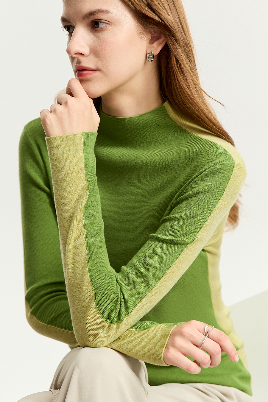 Mock Neck Contrast Color Reversible Knit Top