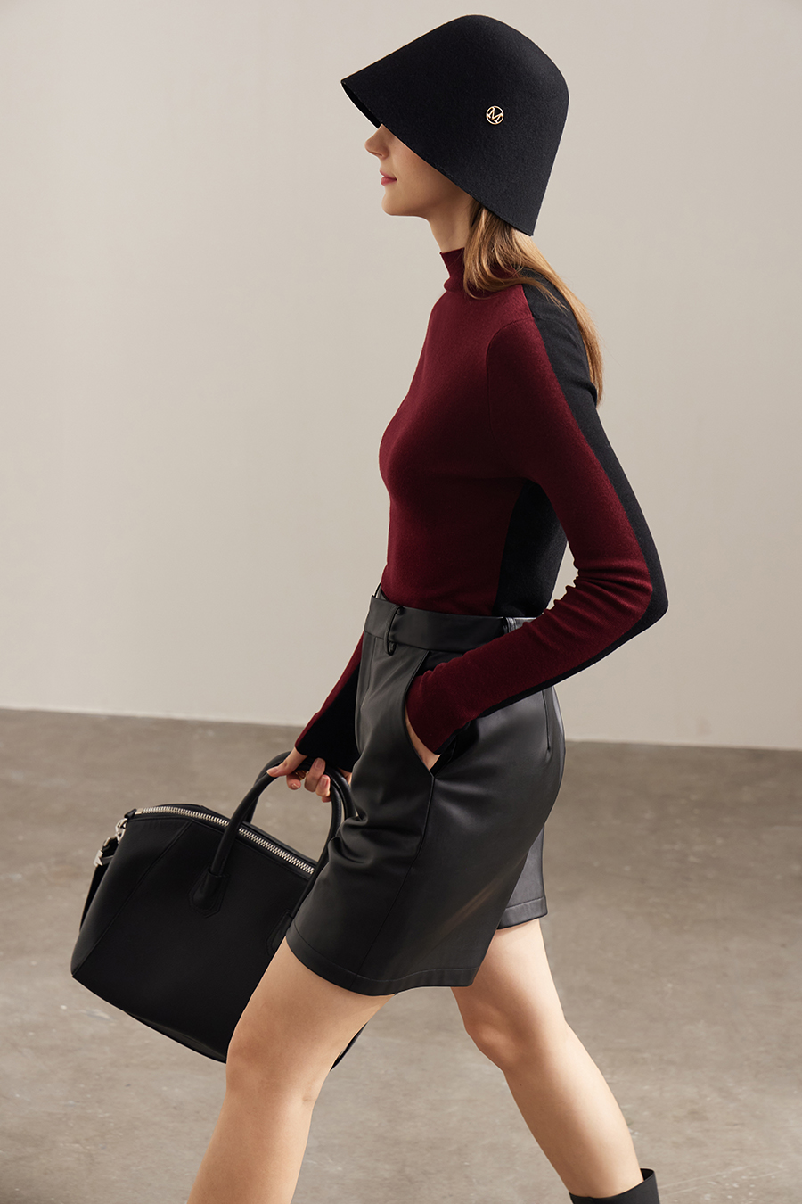 Mock Neck Contrast Color Reversible Knit Top