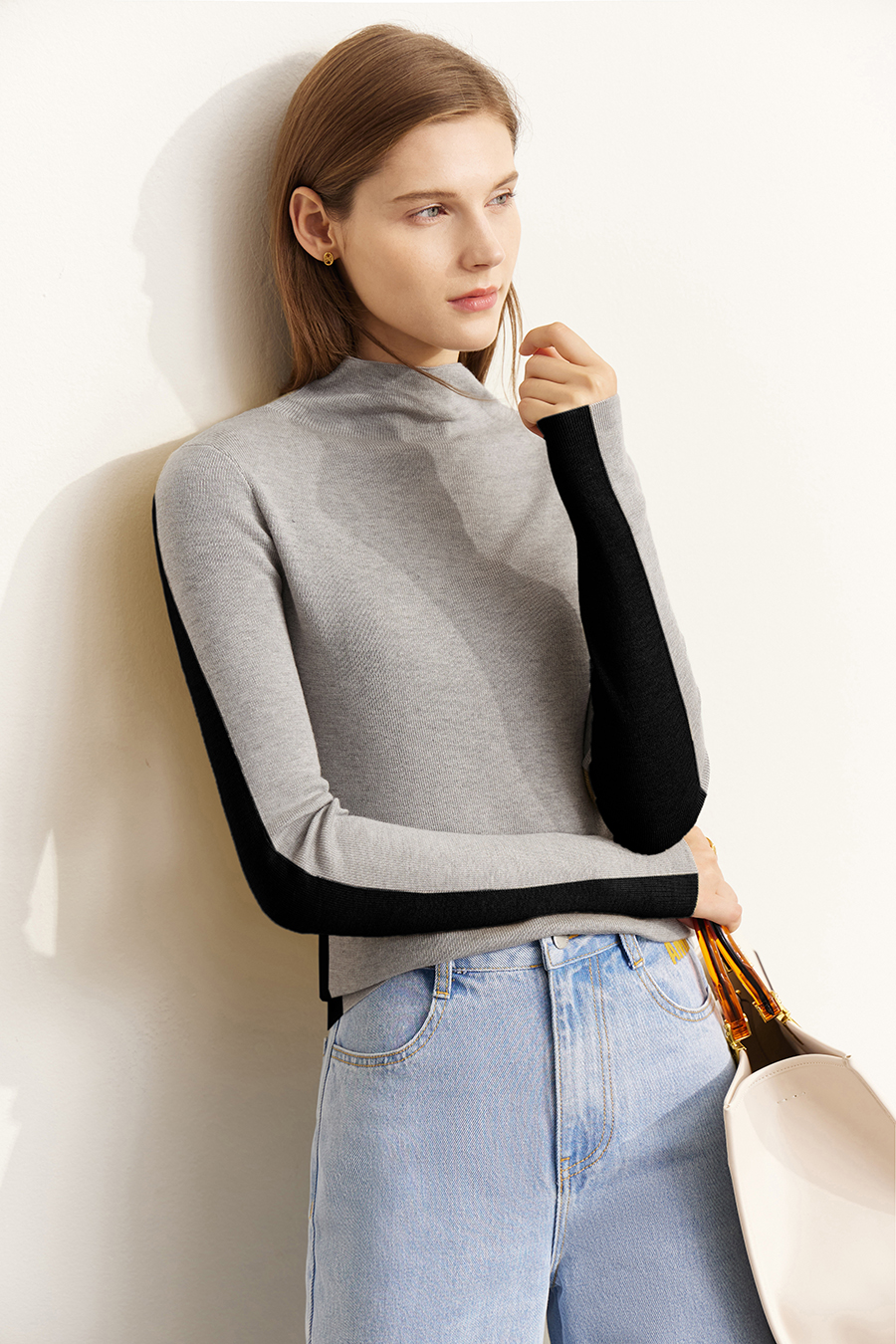 Mock Neck Contrast Color Reversible Knit Top