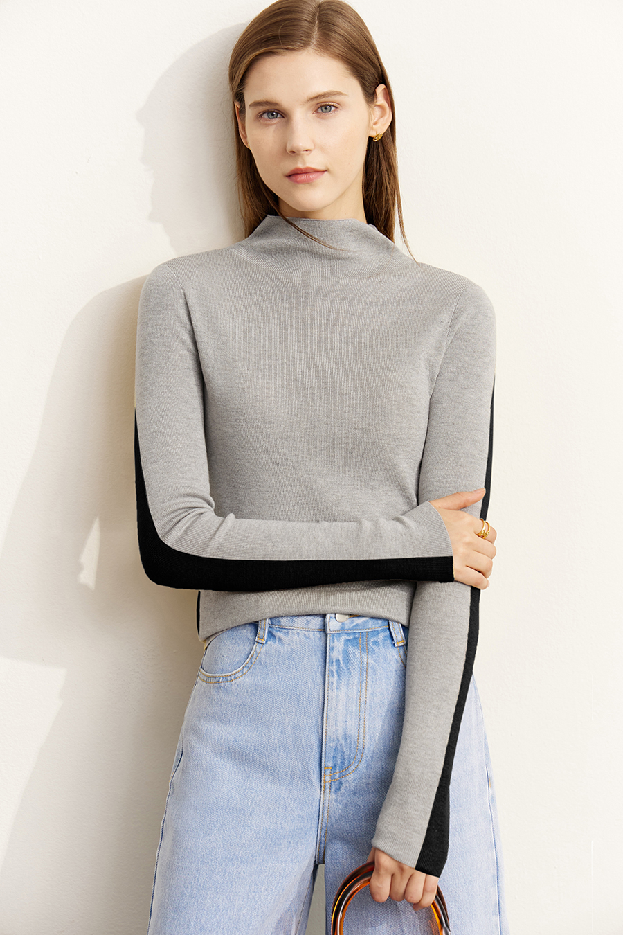 Mock Neck Contrast Color Reversible Knit Top