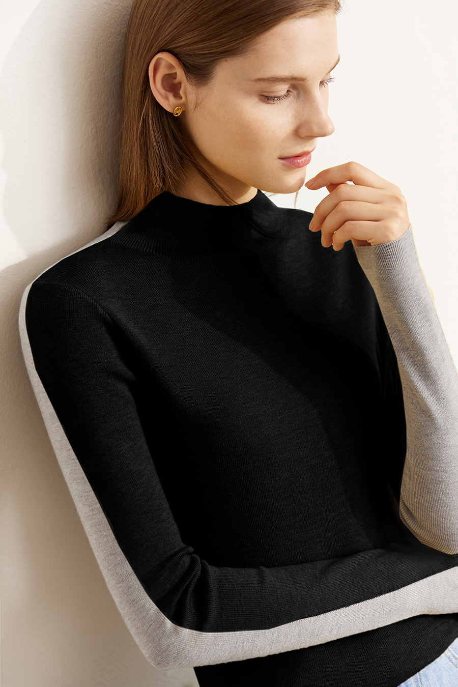 Mock Neck Contrast Color Reversible Knit Top