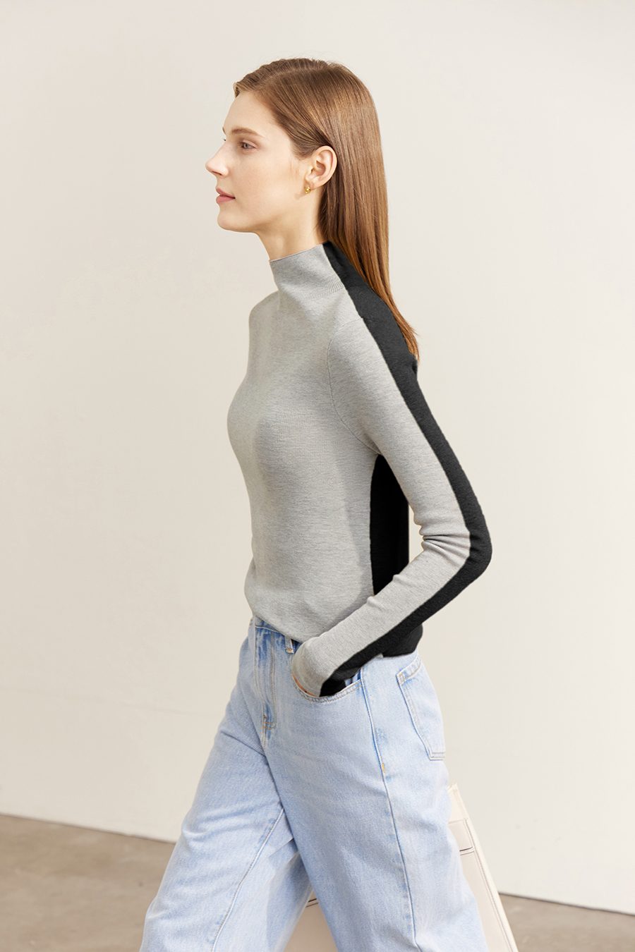 Mock Neck Contrast Color Reversible Knit Top