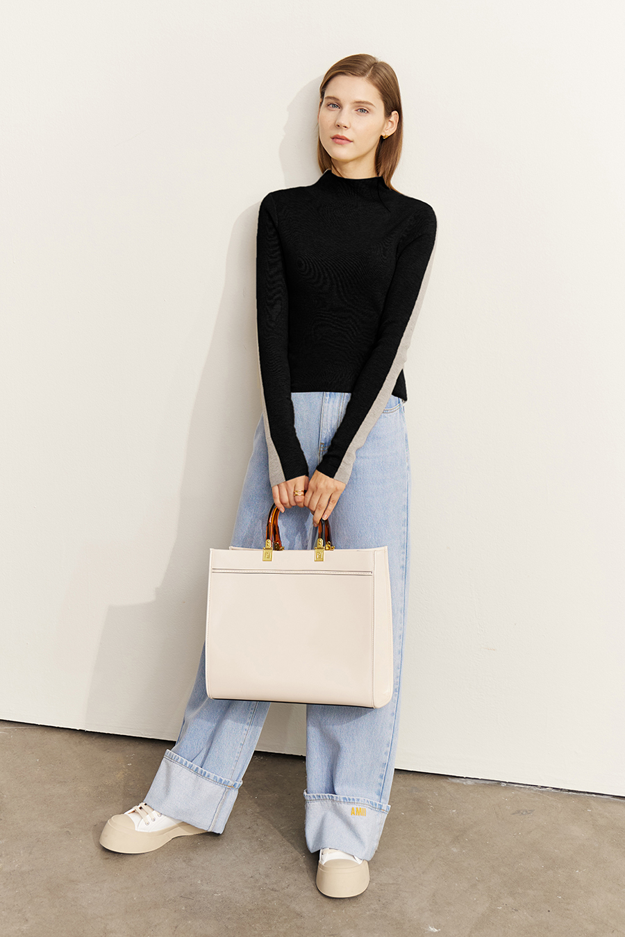 Mock Neck Contrast Color Reversible Knit Top