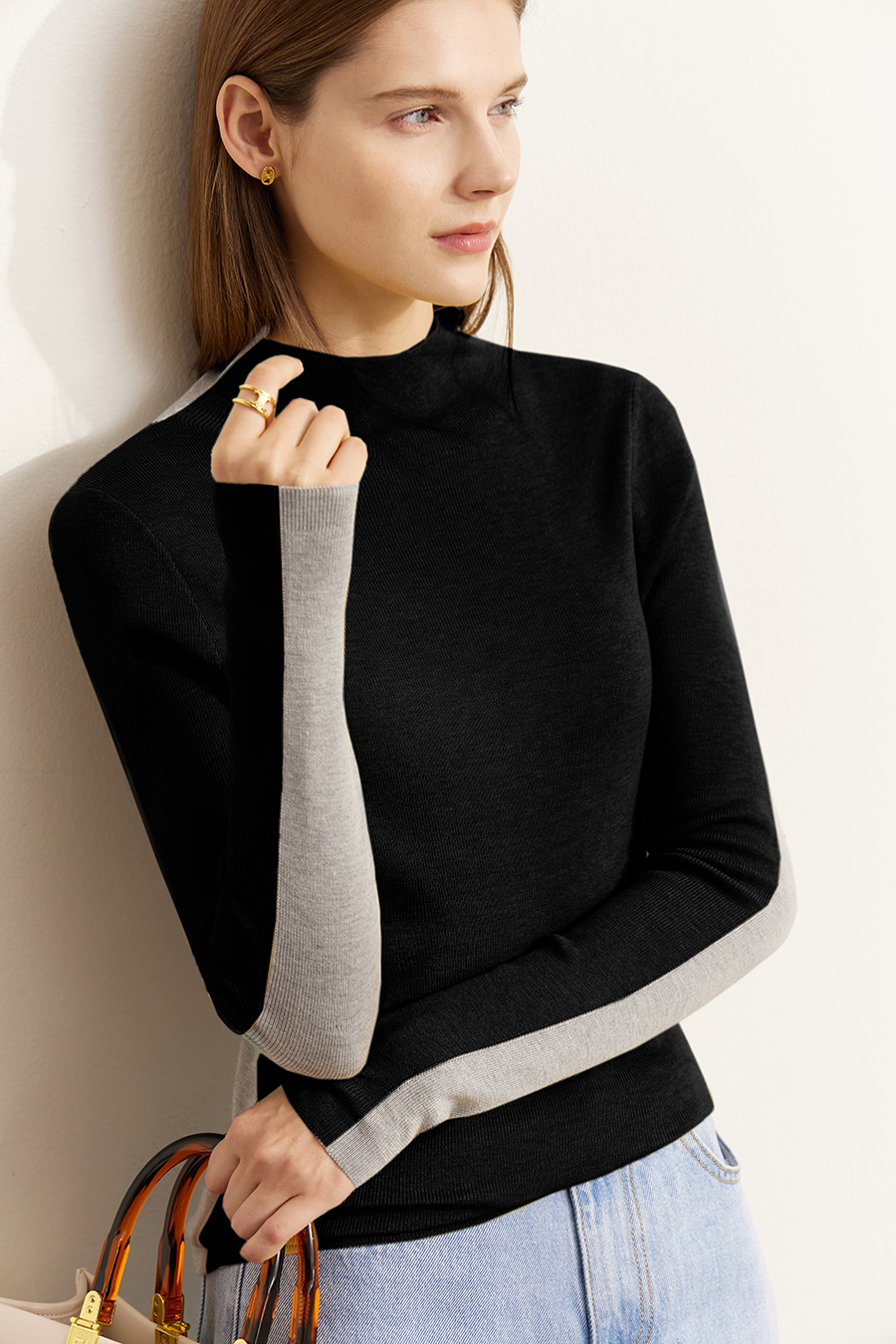 Mock Neck Contrast Color Reversible Knit Top