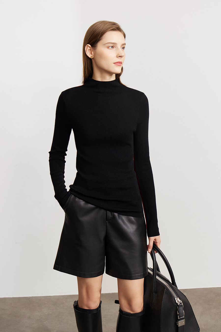 Mock Neck Contrast Color Reversible Knit Top