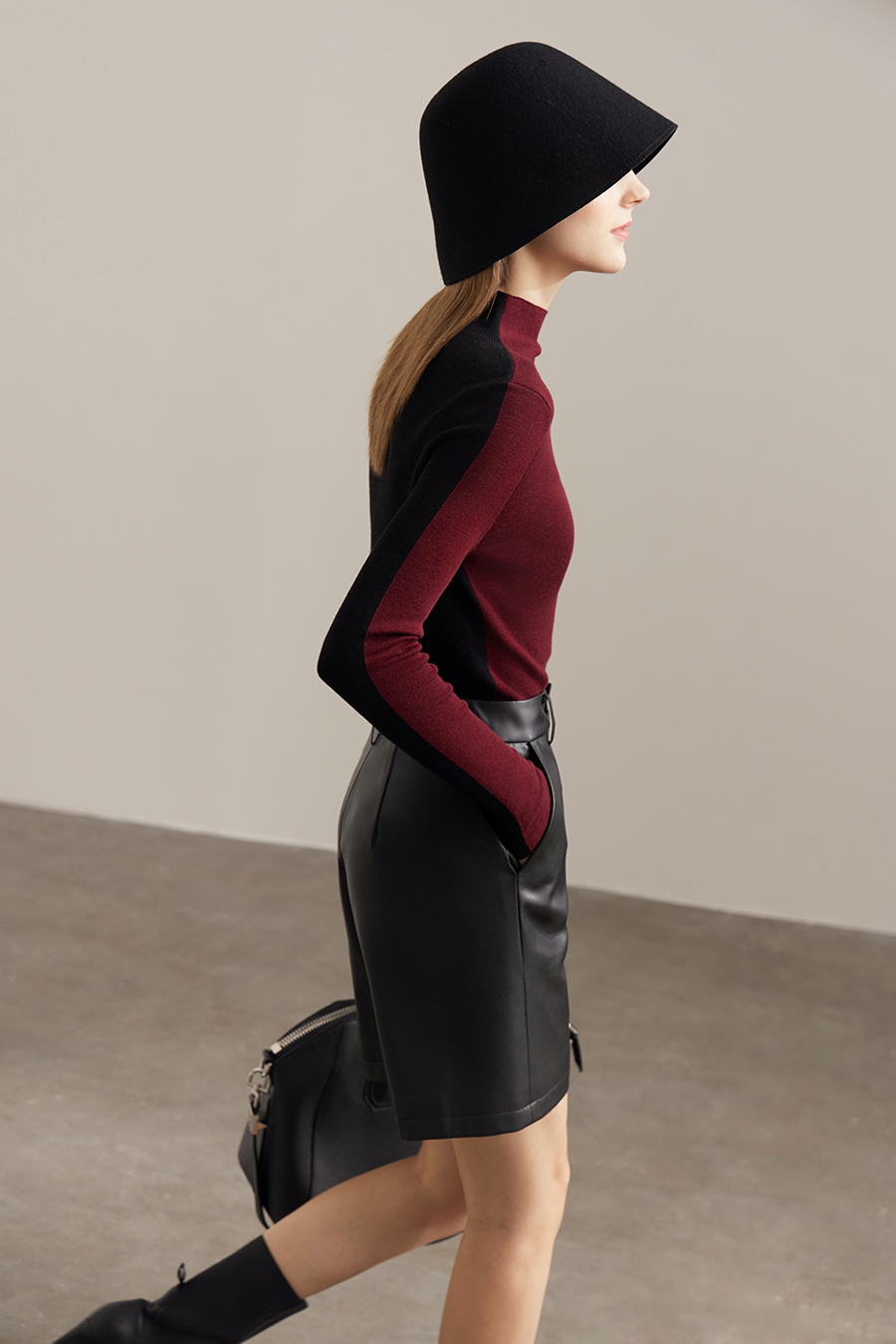 Mock Neck Contrast Color Reversible Knit Top