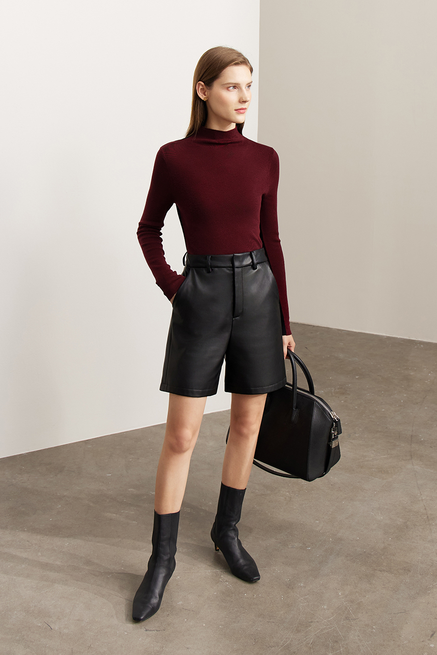 Mock Neck Contrast Color Reversible Knit Top