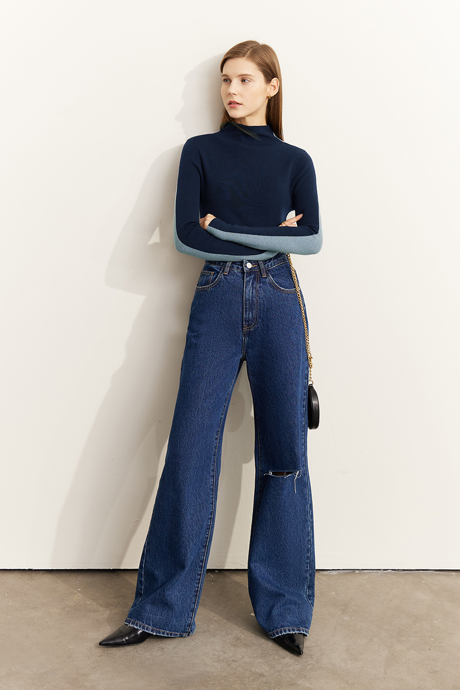 Mock Neck Contrast Color Reversible Knit Top