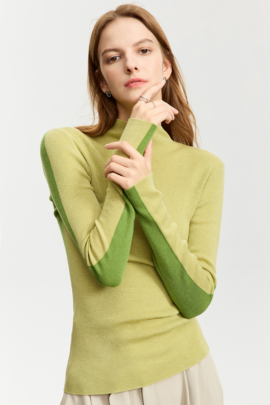 Mock Neck Contrast Color Reversible Knit Top