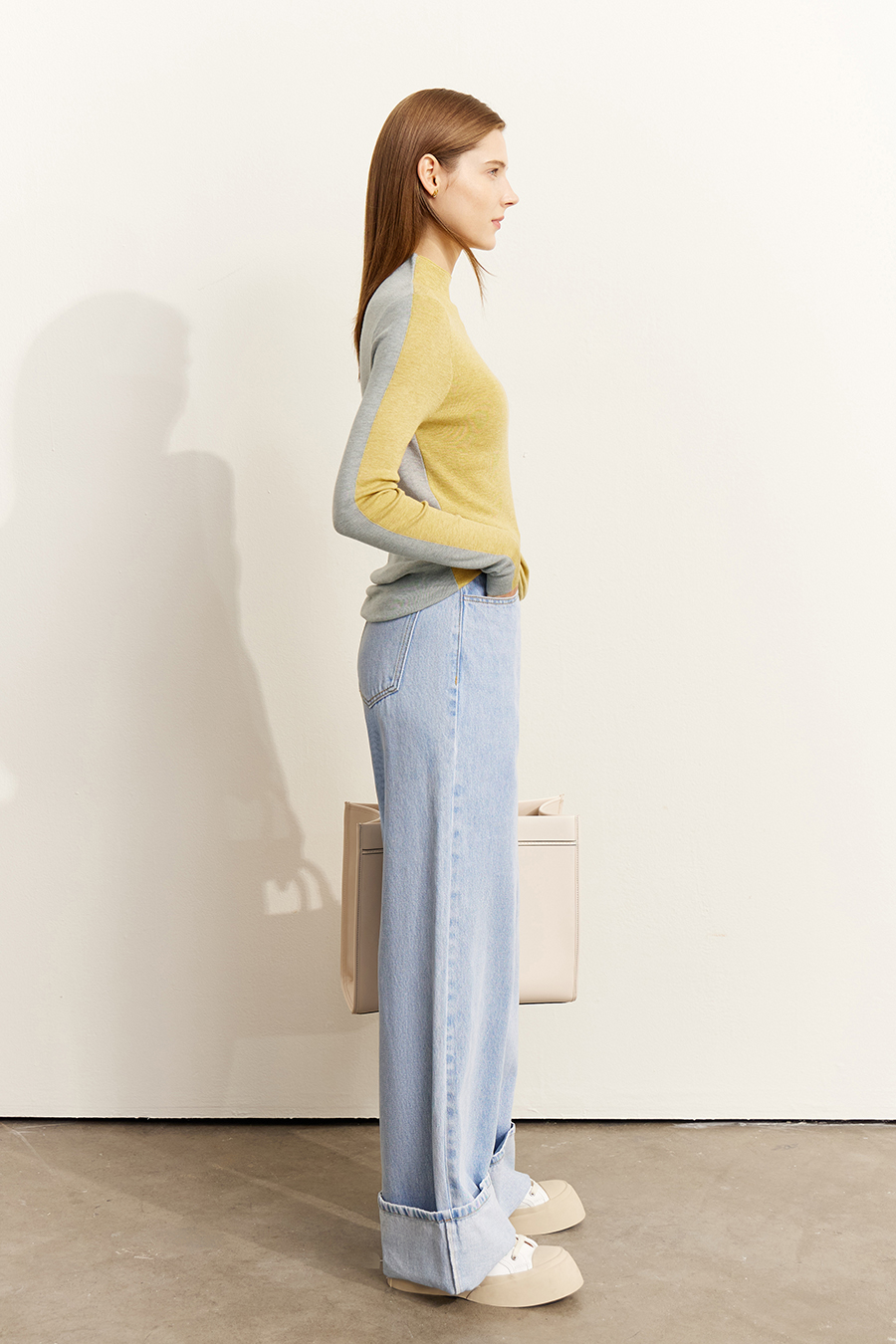 Mock Neck Contrast Color Reversible Knit Top