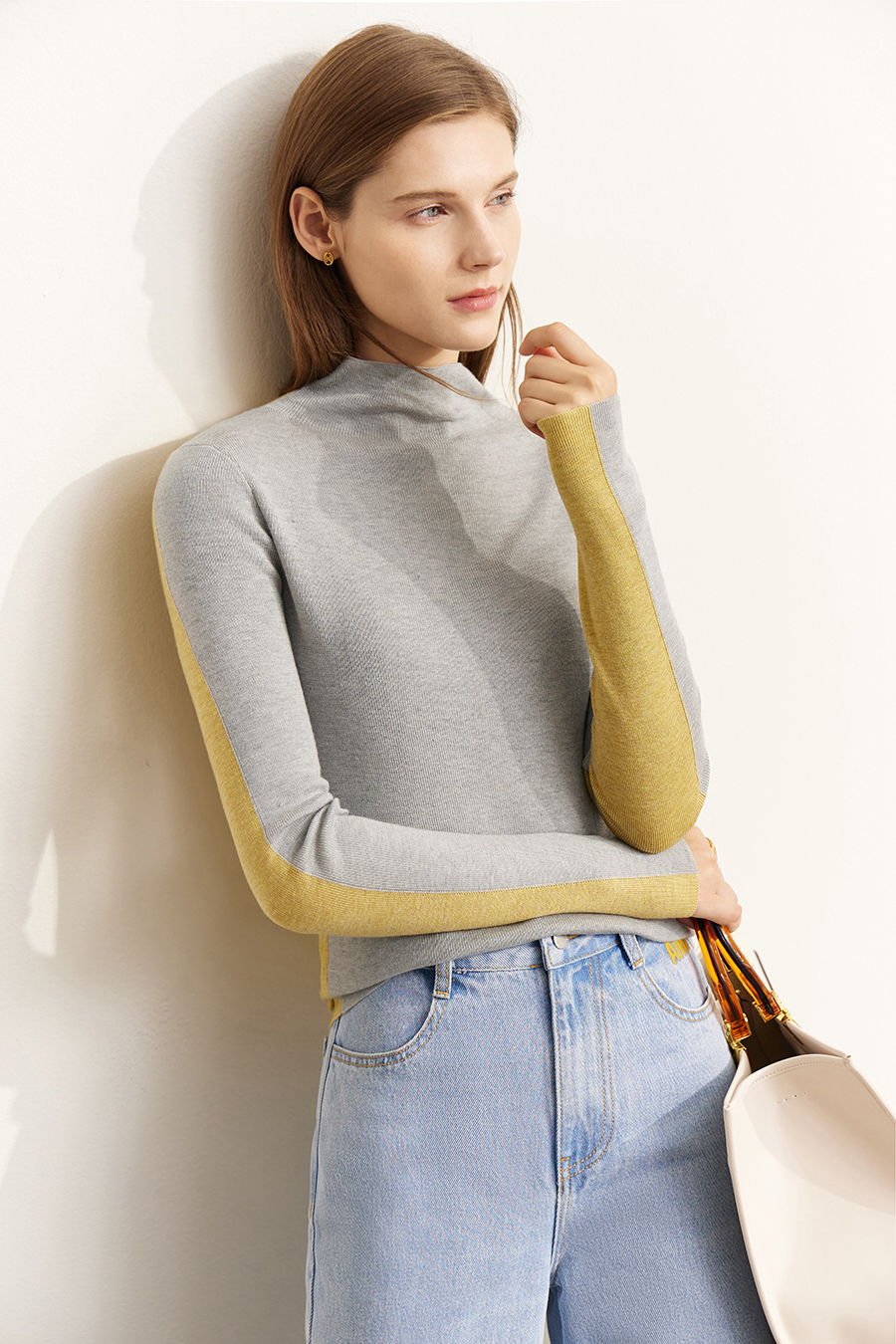 Mock Neck Contrast Color Reversible Knit Top
