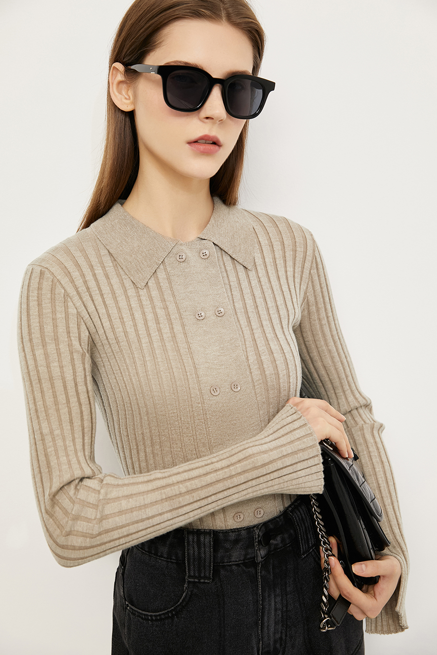 Lapel Ribbed Knit Sweater