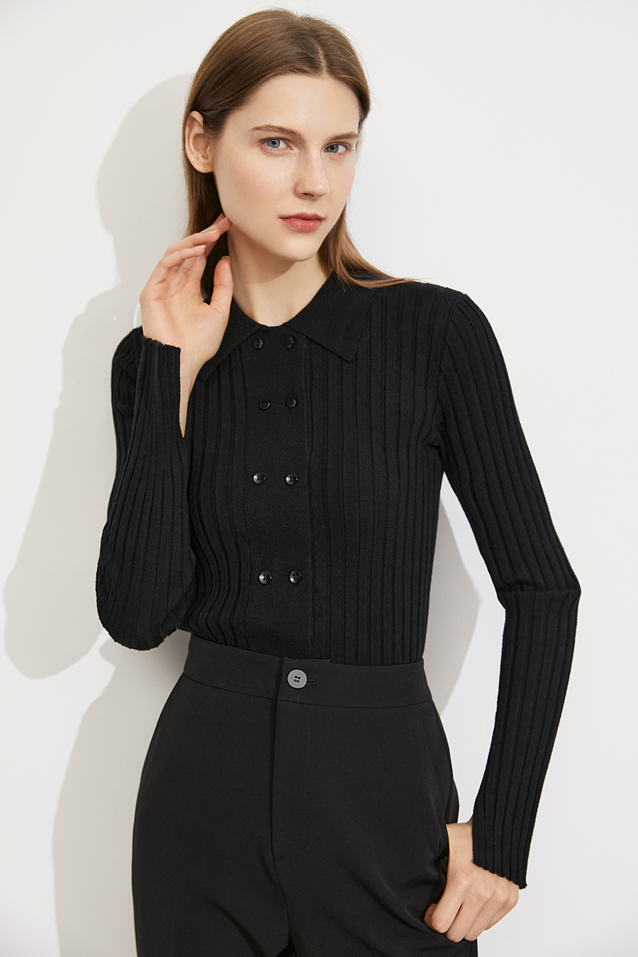 Lapel Ribbed Knit Sweater