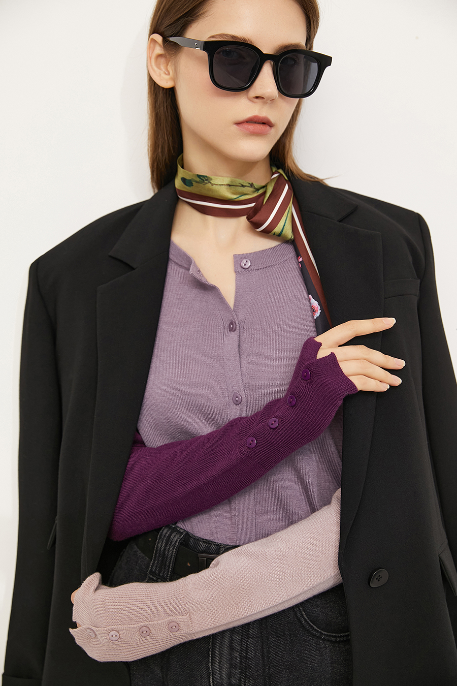 Color-Block Crew Neck Knit Cardigan