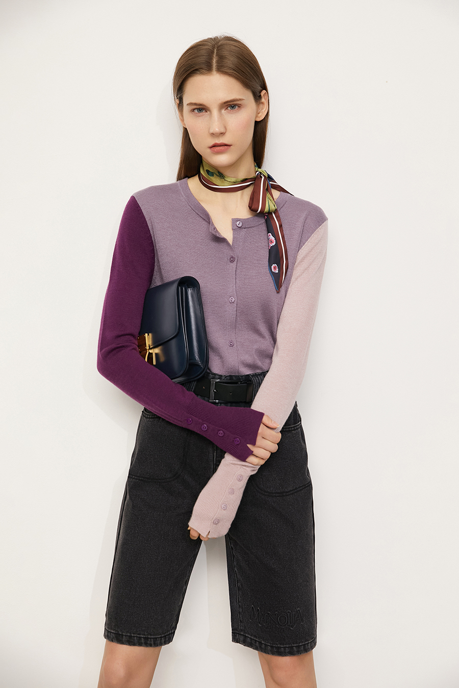 Color-Block Crew Neck Knit Cardigan