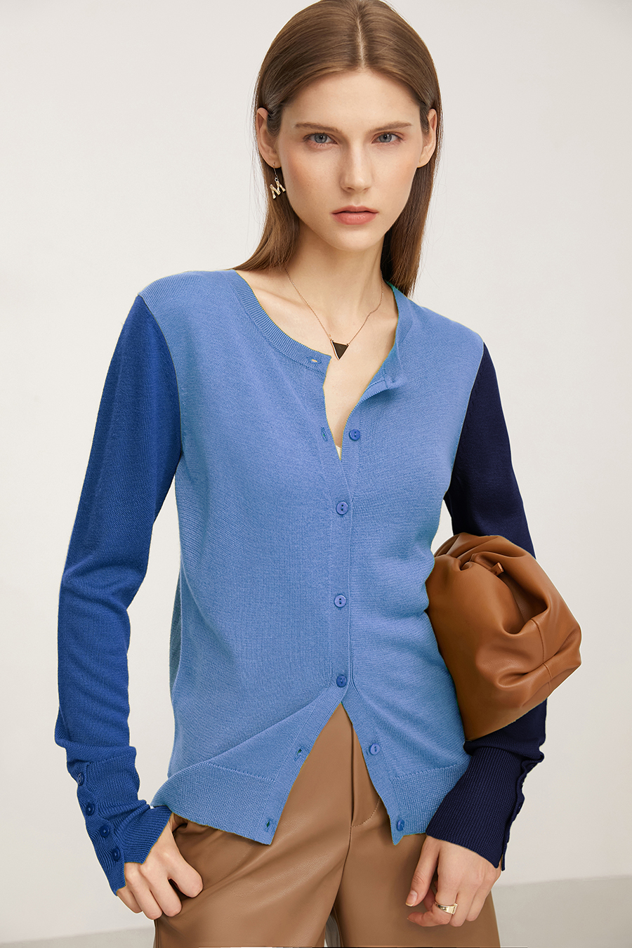 Color-Block Crew Neck Knit Cardigan