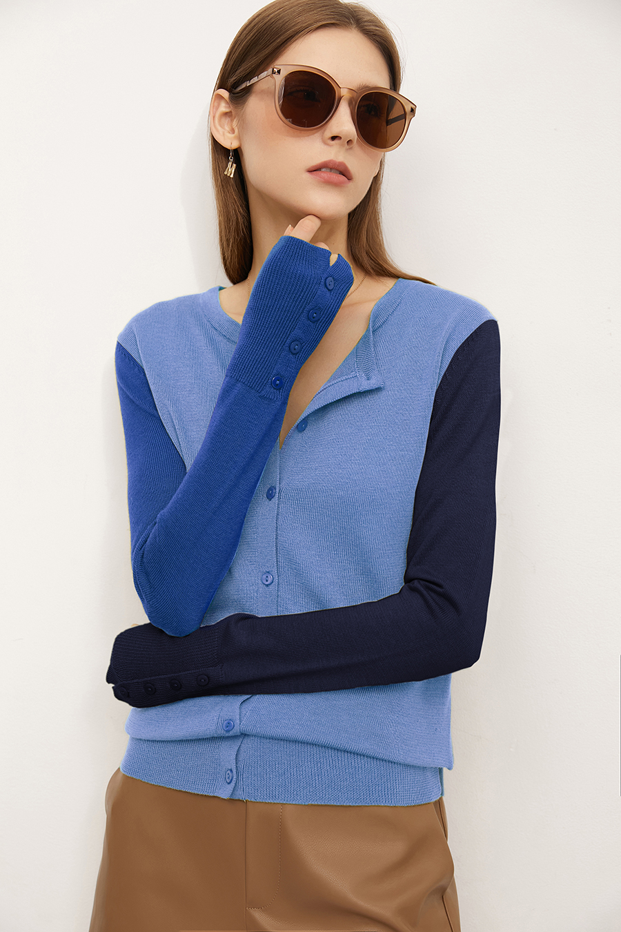 Color-Block Crew Neck Knit Cardigan