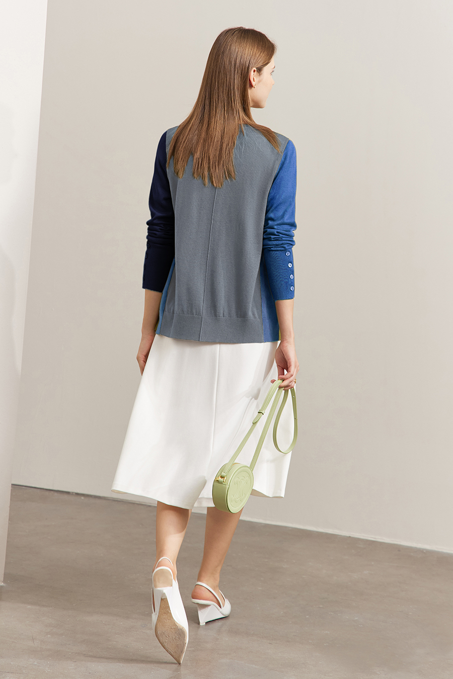 Color-Block Crew Neck Knit Cardigan