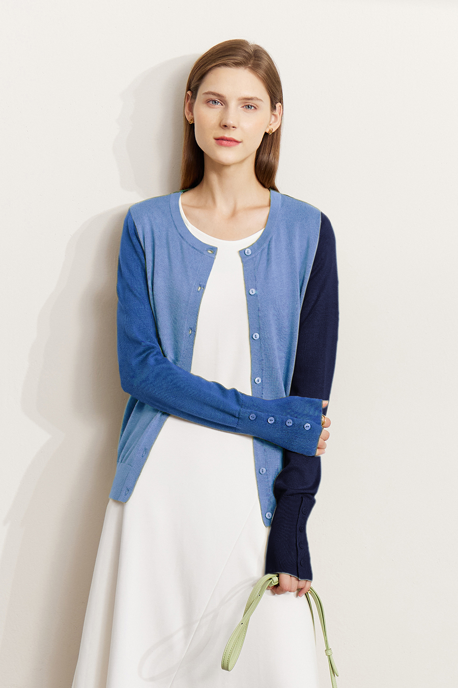 Color-Block Crew Neck Knit Cardigan