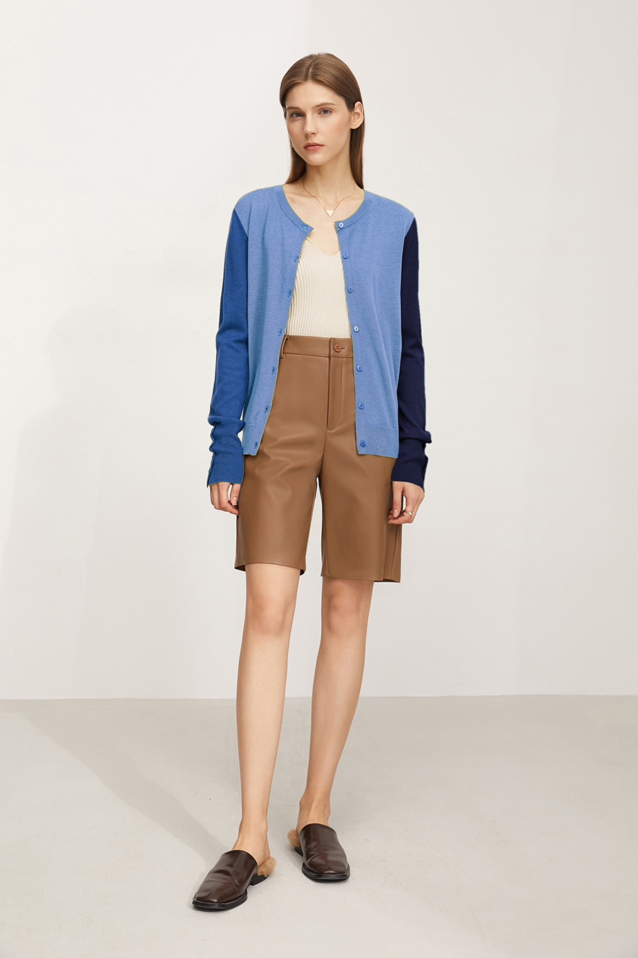 Color-Block Crew Neck Knit Cardigan