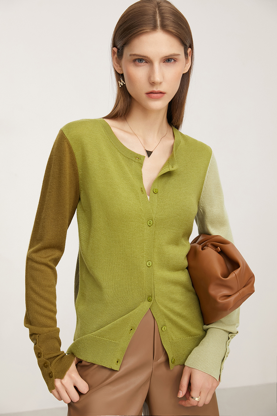 Color-Block Crew Neck Knit Cardigan