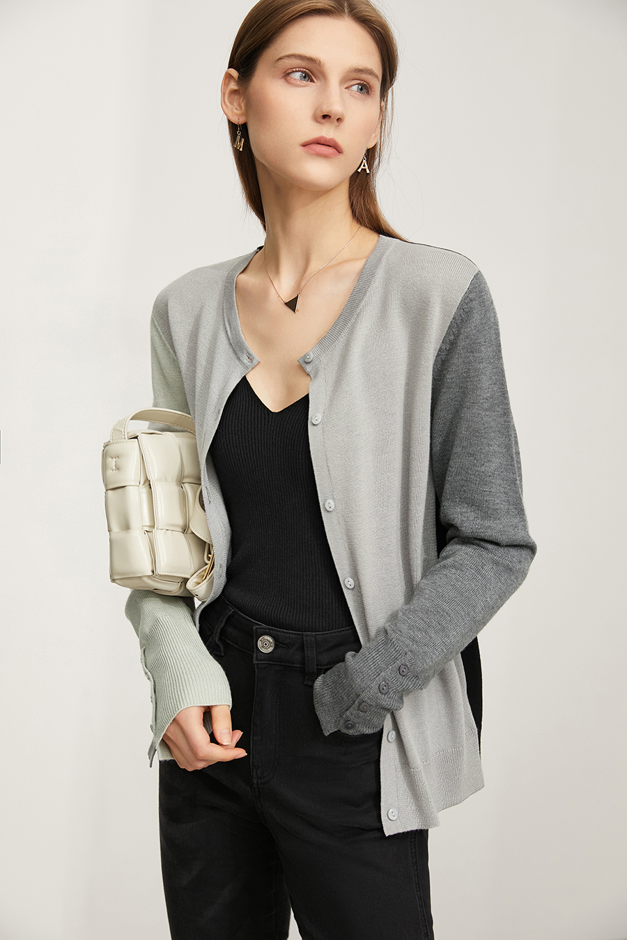 Color-Block Crew Neck Knit Cardigan